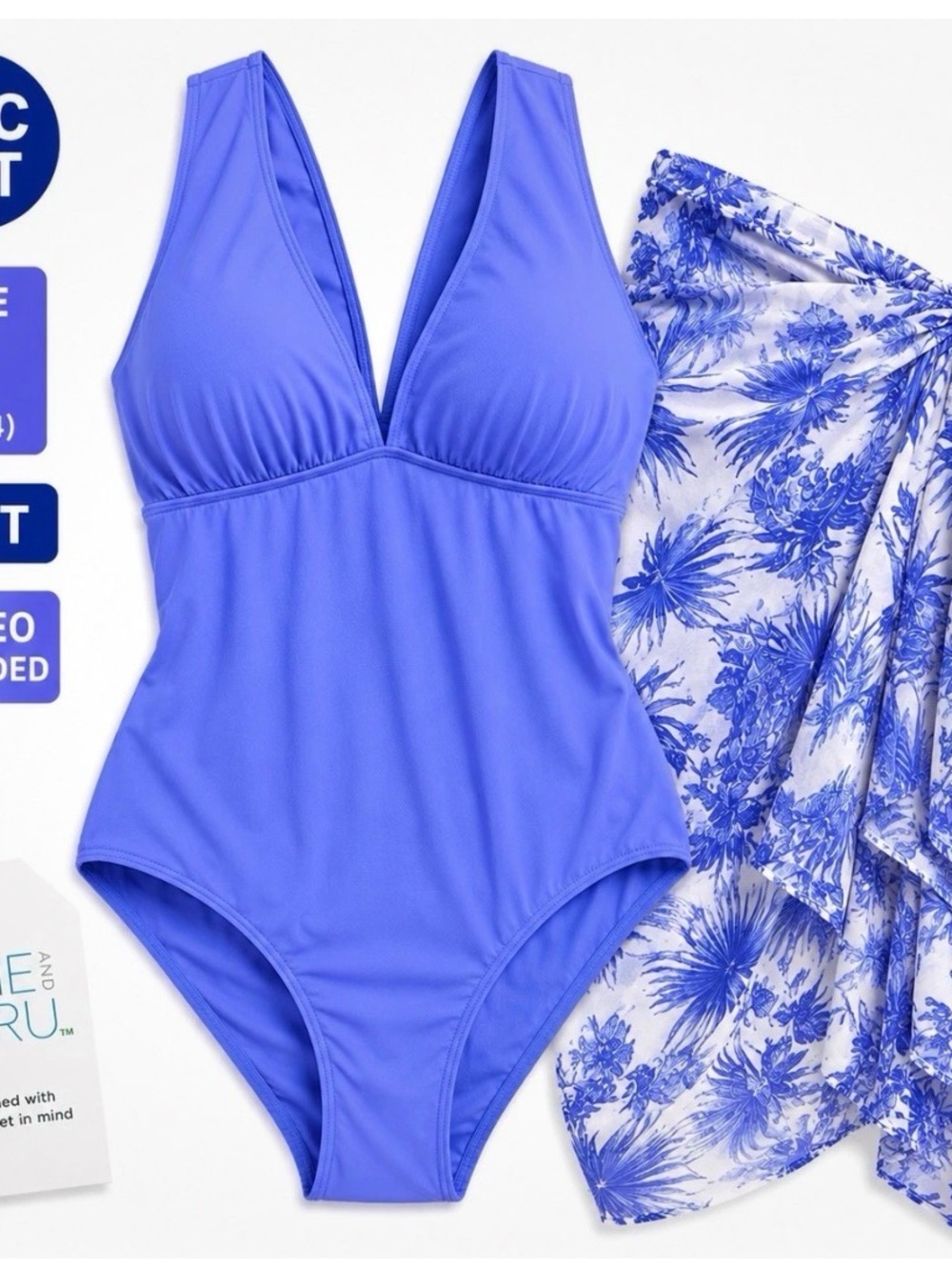 Time & Tru L One Piece Swimsuit Pareo Set Peri Pop Blue NWT